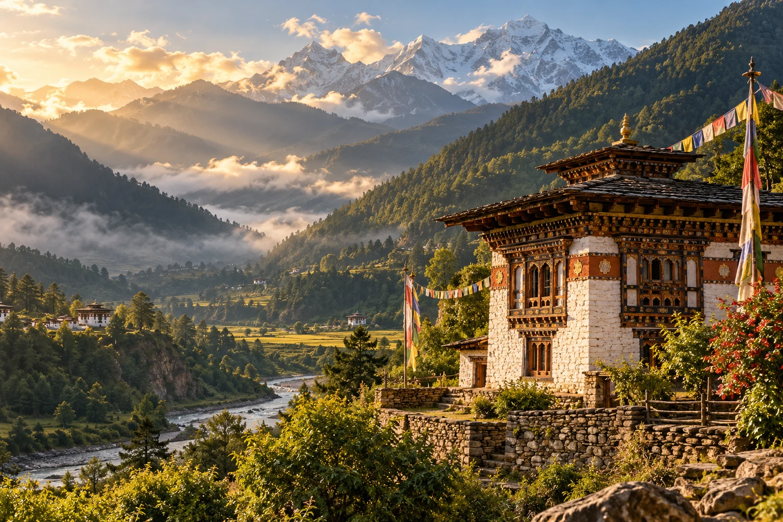 AI-created Bhutan-inspired Himalayan valley and traditional architecture