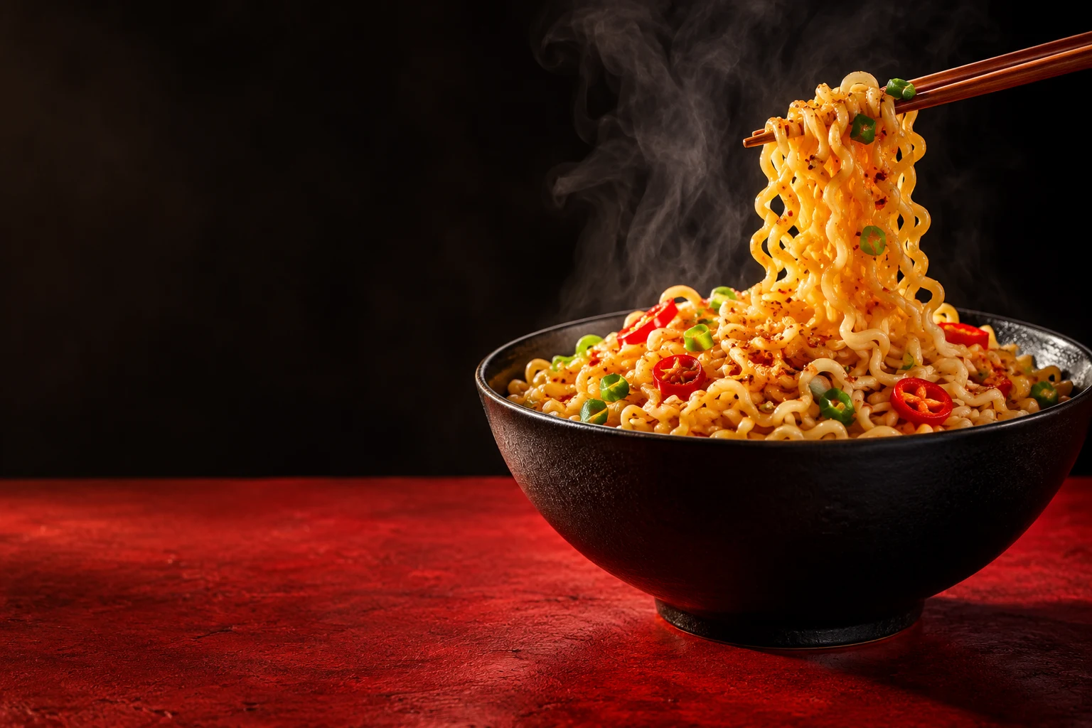 Illustrative serving of golden noodles with chilli and scallions in a black bowl