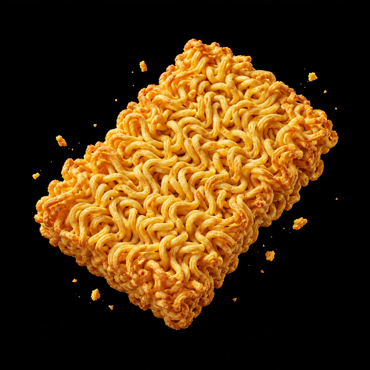 Illustrative close-up of a golden curly noodle cake