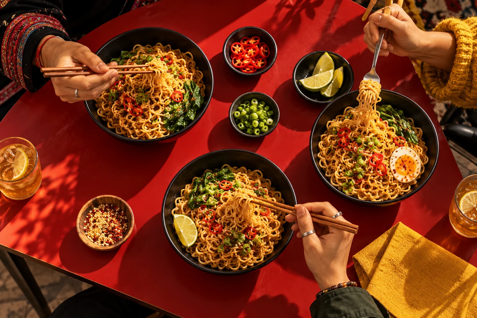 Illustrative serving scene with friends sharing noodle bowls