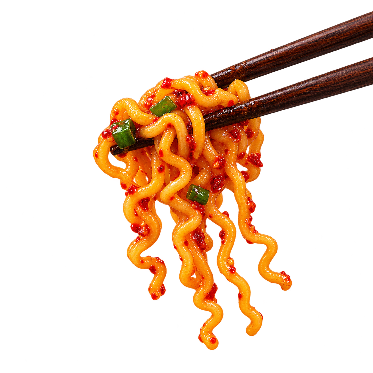 Photographic-style serving suggestion of chopsticks lifting sauced noodles