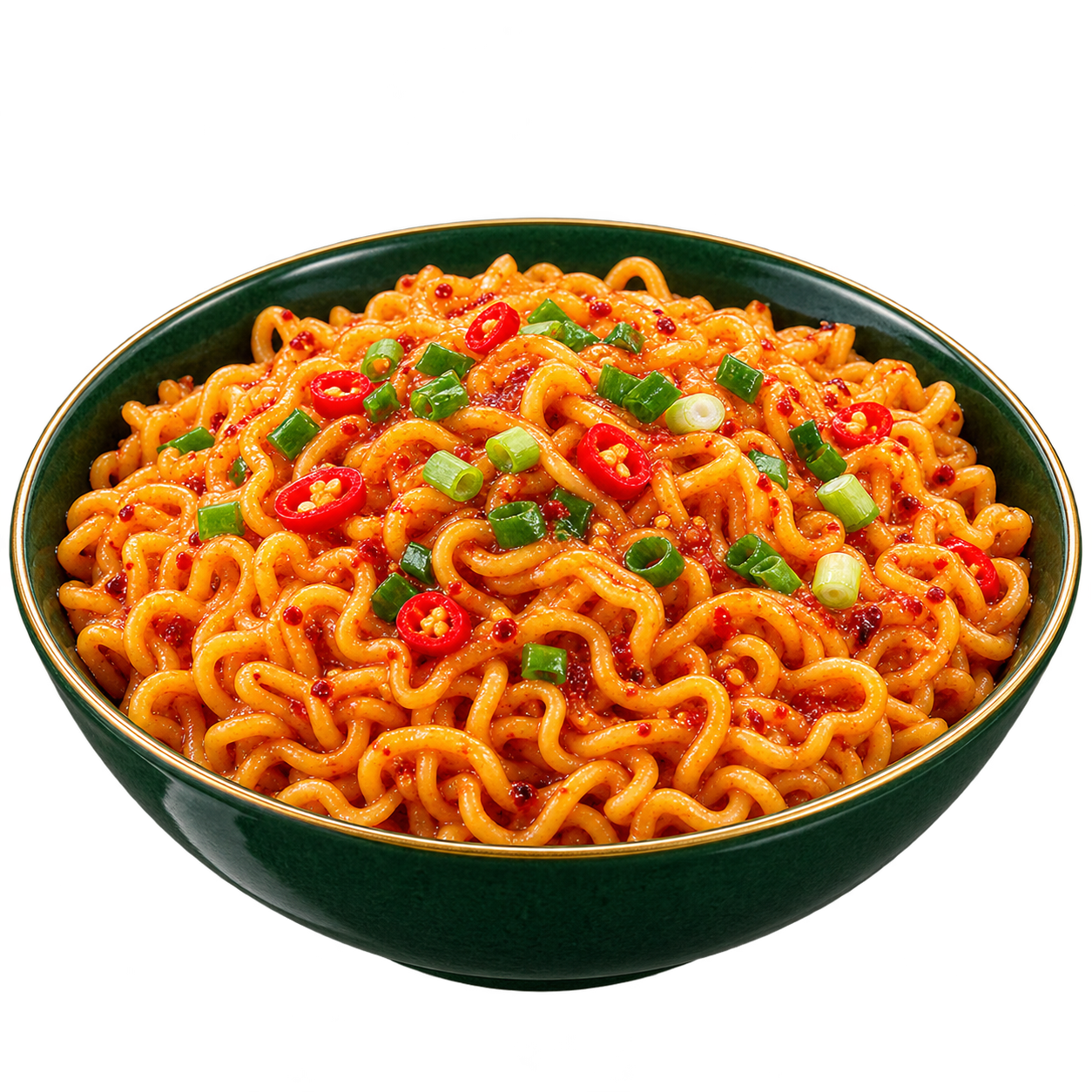 Cooked spicy noodles in a green bowl, illustrative serving