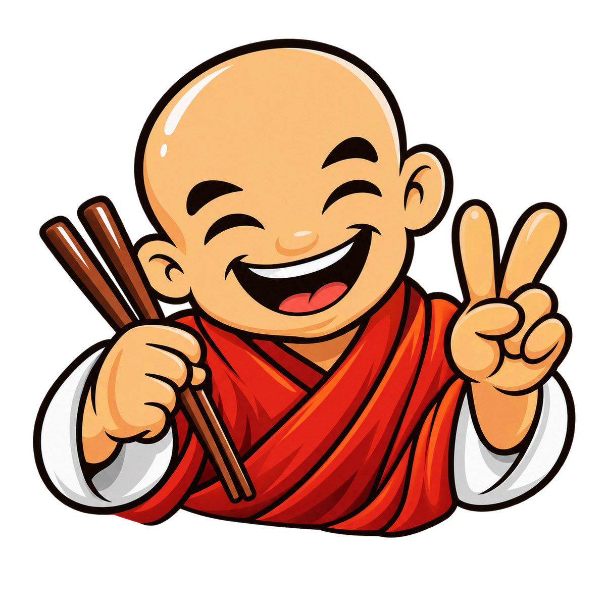 Zimtak monk mascot smiling, holding chopsticks and making a peace sign
